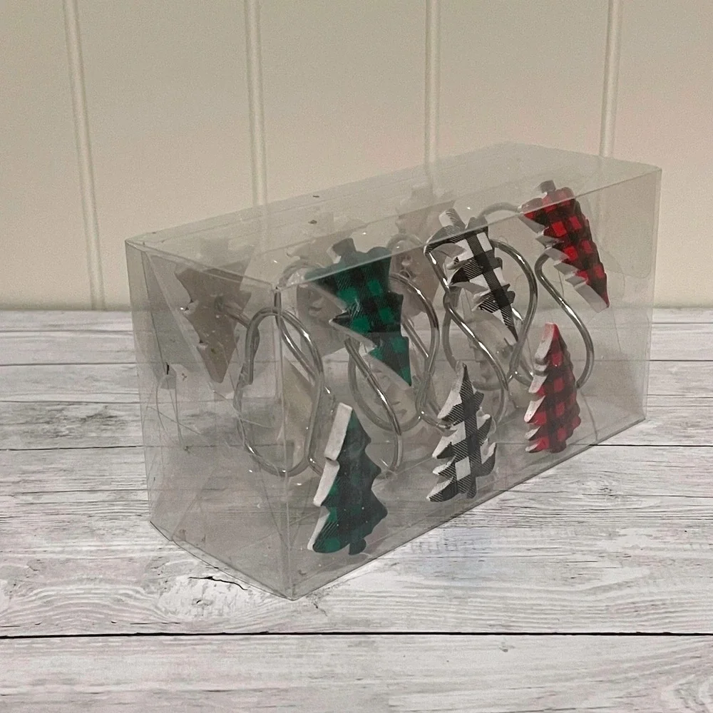 Buffalo Plaid Christmas Tree Shower Curtain Hooks Metal Rustproof Set of 12 NEW